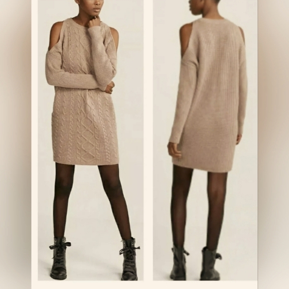 NWT Express Tan Cold Shoulder Wool Blend Sweater Dress Size Medium - Picture 1 of 4
